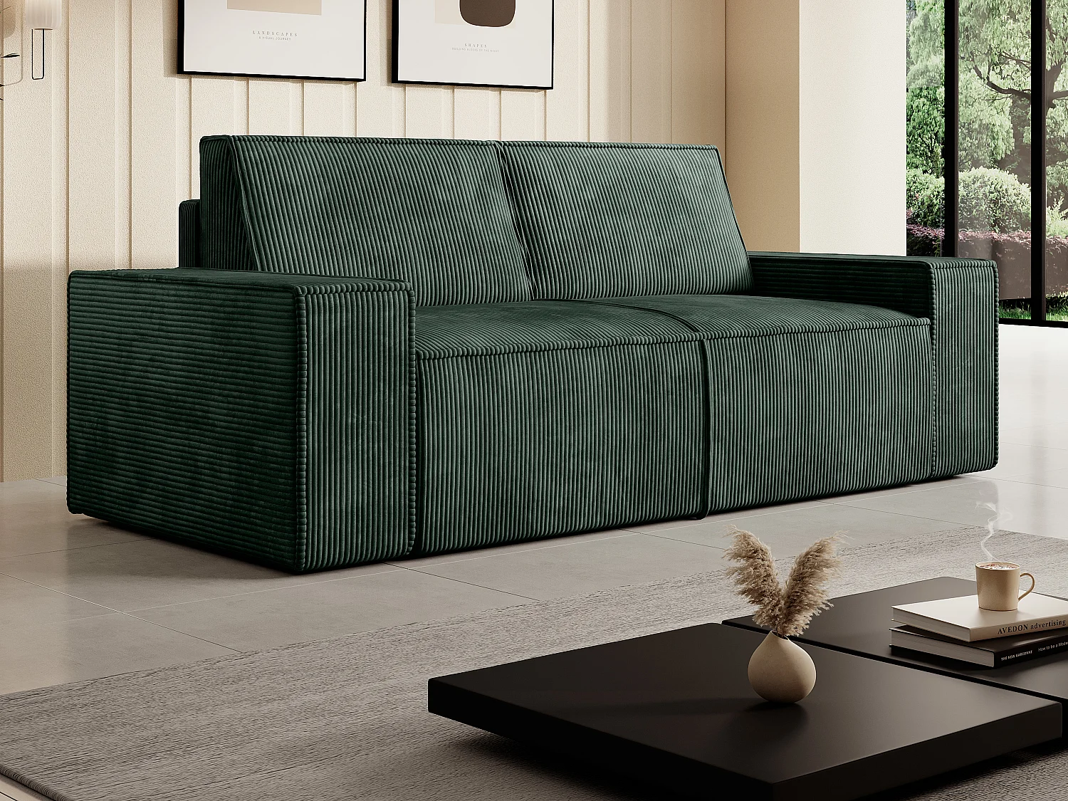 Driezits- en tweezitsbank van groen ribfluweel AMELIA