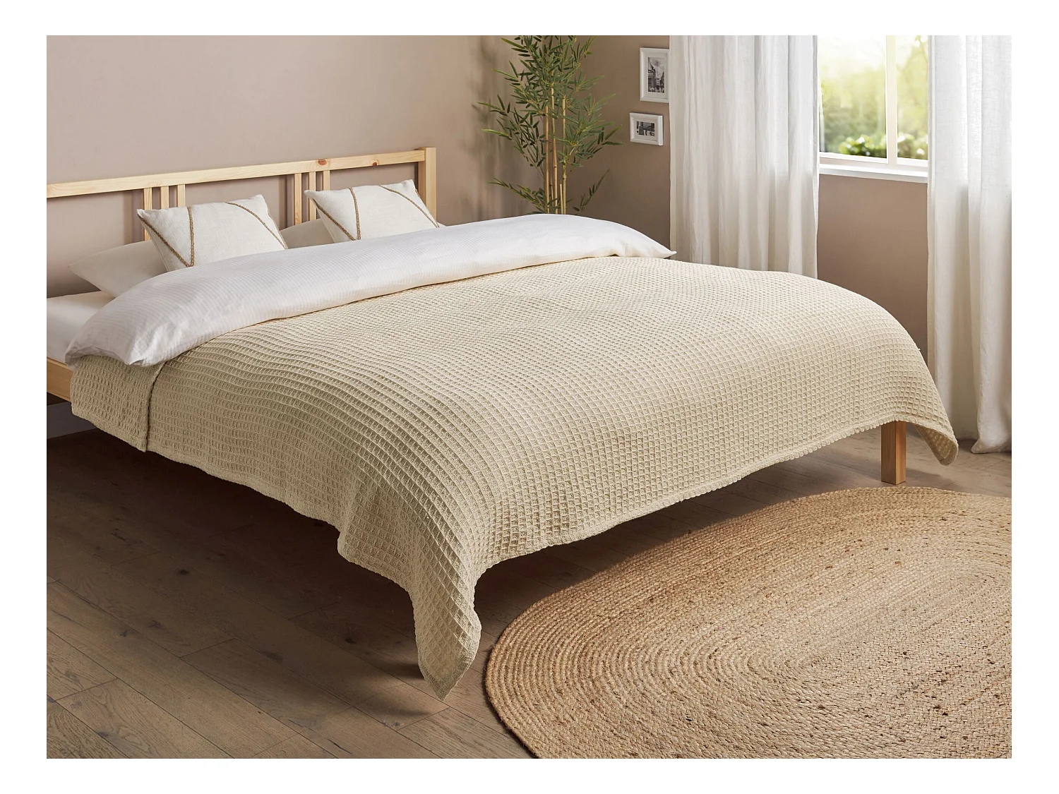 Tagesdecke Baumwolle Beige 200x220 cm strukturiert Waffelmuster modern Chagyl
