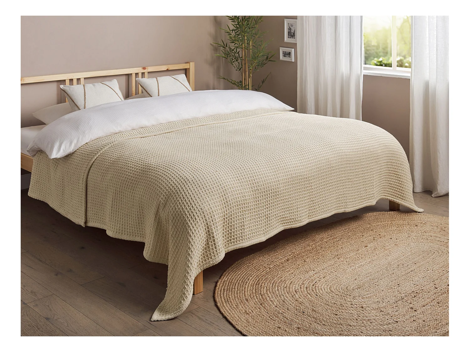 Tagesdecke Baumwolle Beige 220x240 cm strukturiert Waffelmuster modern Chagyl