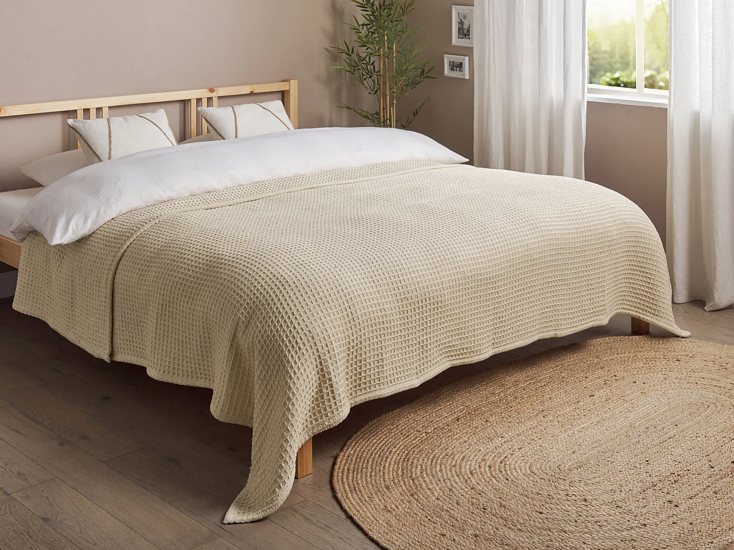 Tagesdecke Baumwolle Beige 220x240 cm strukturiert Waffelmuster modern Chagyl