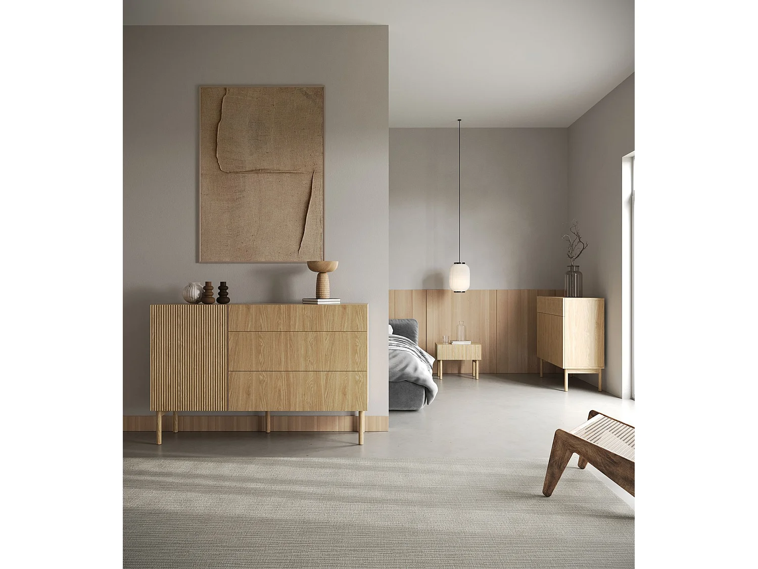 Buffet 3 tiroirs - 140 cm - avec 3 tiroirs - aspect chêne - NOLIE