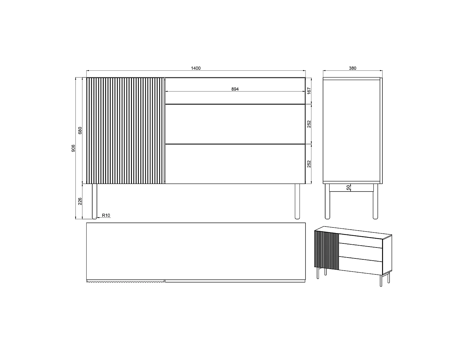 Buffet 3 tiroirs - 140 cm - avec 3 tiroirs - aspect chêne - NOLIE
