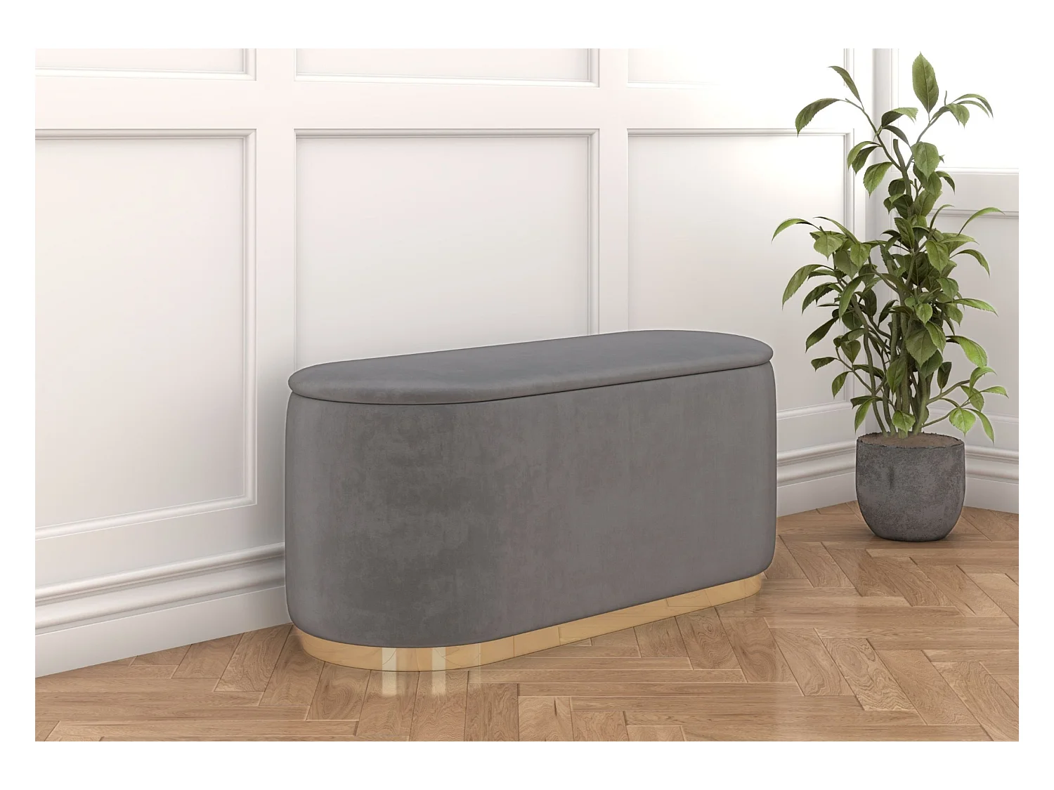 Pouf Scarlett mit stauraum, goldene basis, 110/47/45 cm, hellgrau