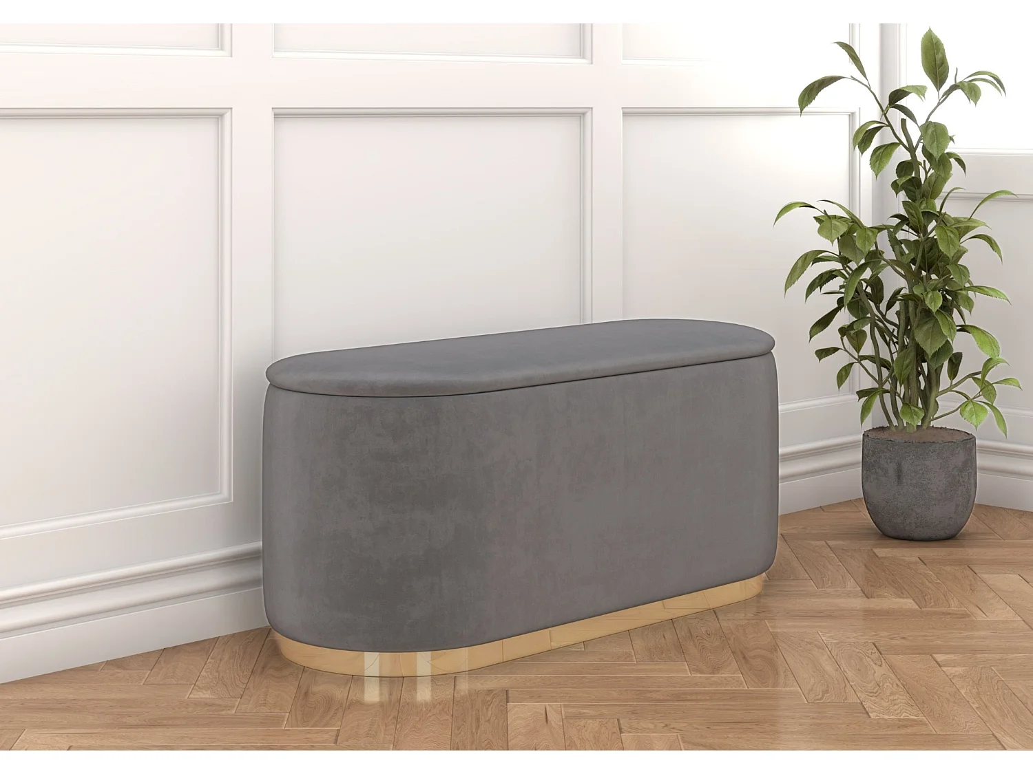 Pouf Scarlett mit stauraum, goldene basis, 110/47/45 cm, hellgrau