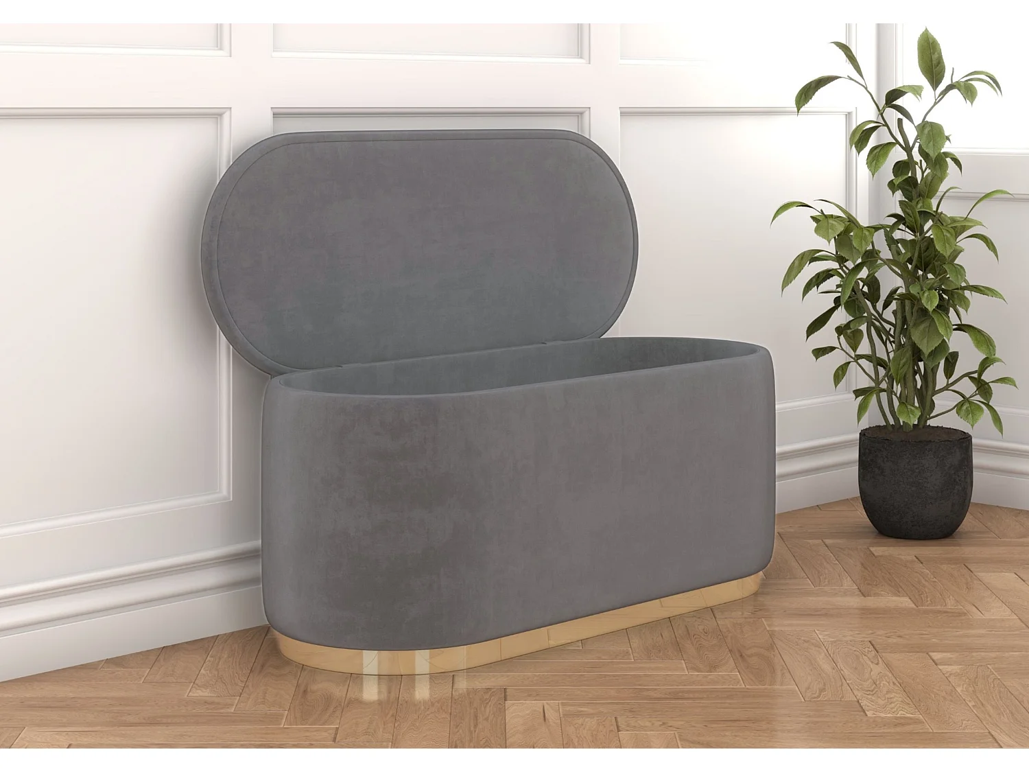 Pouf Scarlett mit stauraum, goldene basis, 110/47/45 cm, hellgrau