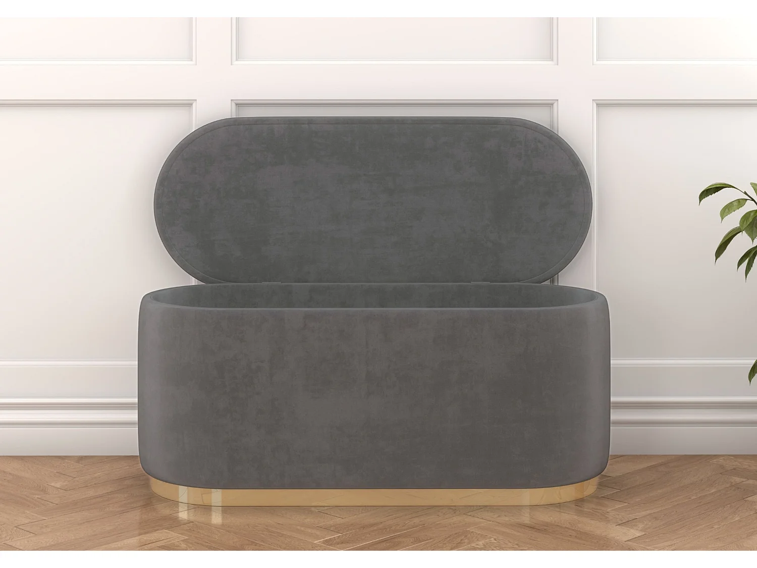 Pouf Scarlett mit stauraum, goldene basis, 110/47/45 cm, hellgrau