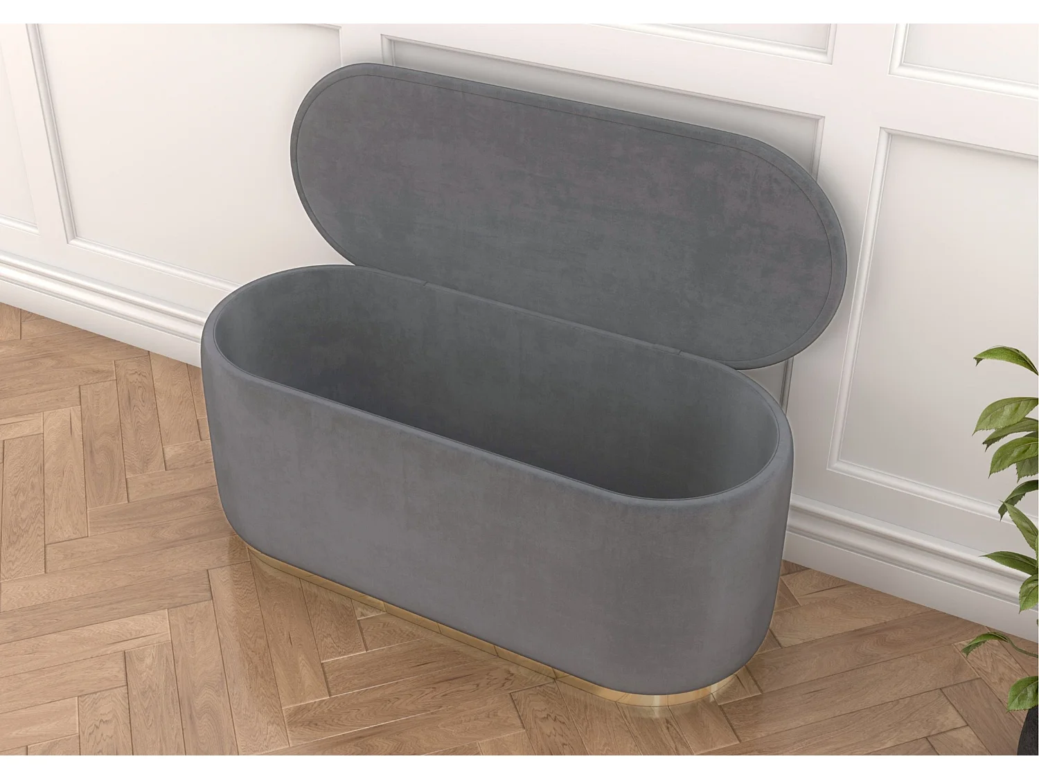 Pouf Scarlett mit stauraum, goldene basis, 110/47/45 cm, hellgrau