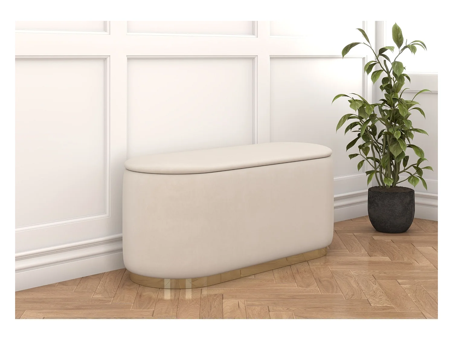 Pouf ovale avec rangement Dancan SCARLETT sur base dorée / 110 cm / beige