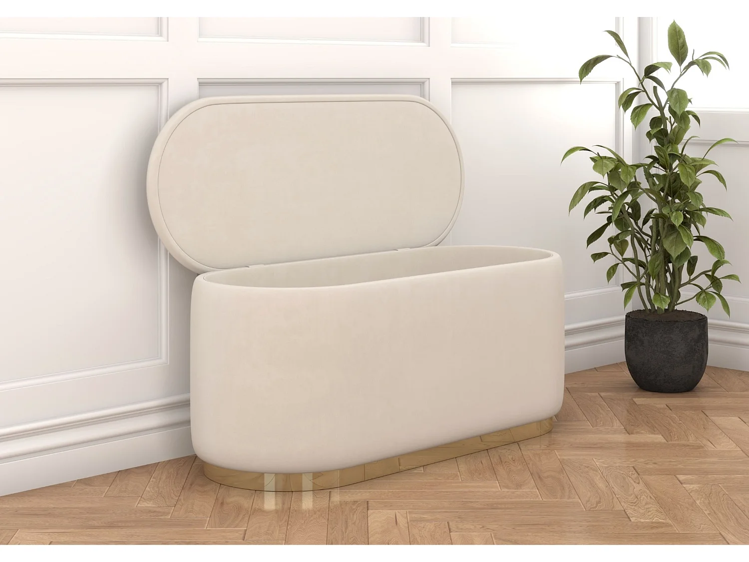 Pouf Scarlett mit stauraum, goldene basis, 110/47/45 cm, beige