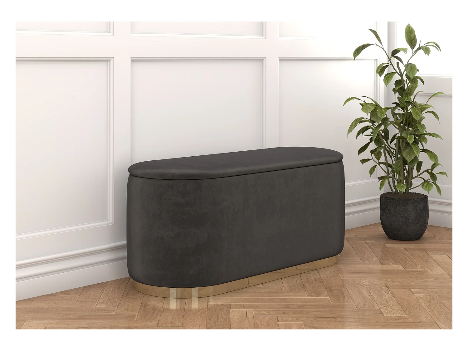 Pouf Scarlett mit stauraum, goldene basis, 110/47/45 cm, grau
