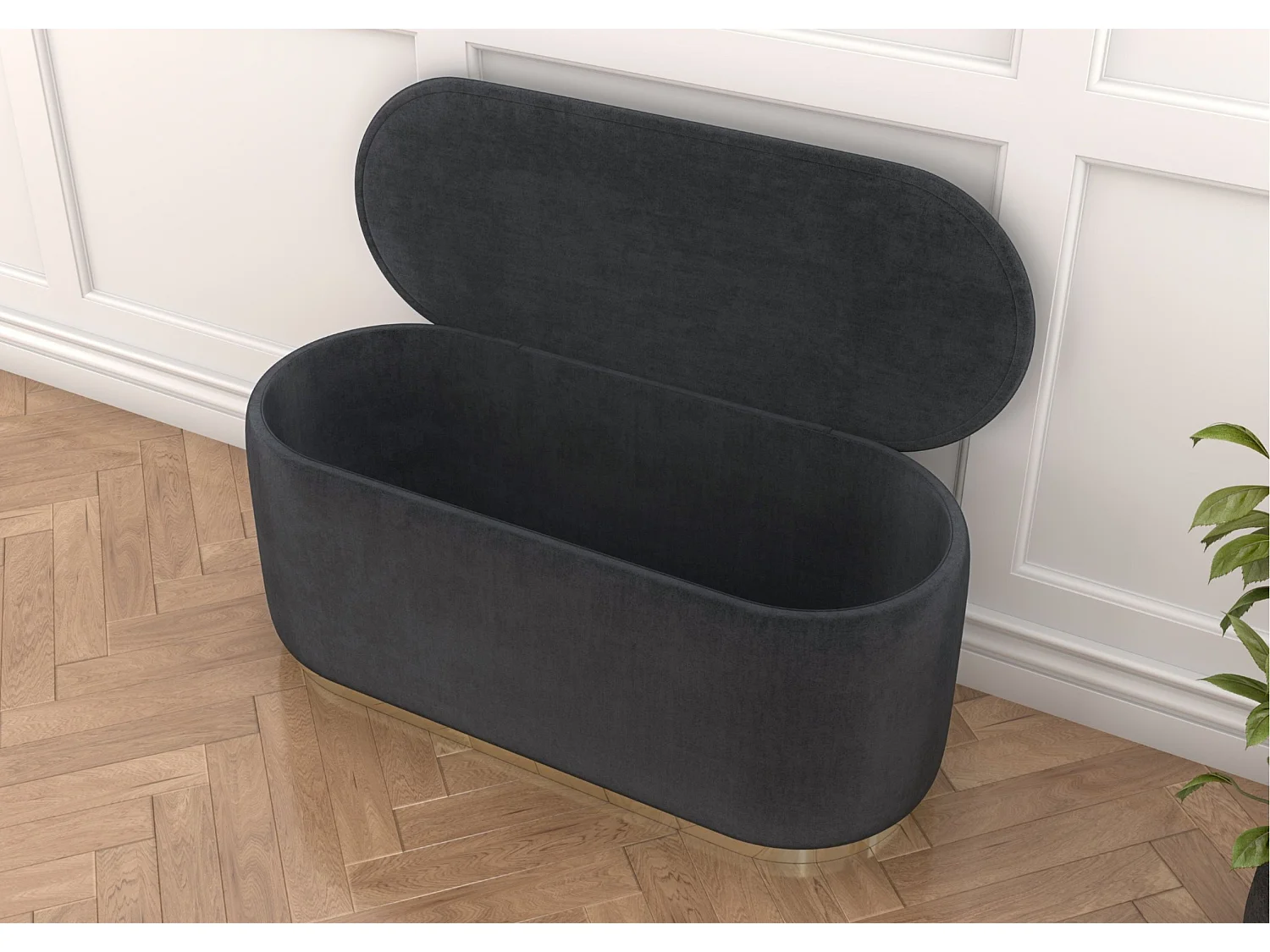 Pouf Scarlett mit stauraum, goldene basis, 110/47/45 cm, grau