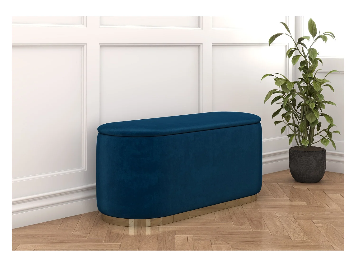Pouf ovale avec rangement Dancan SCARLETT sur base dorée / 110 cm / bleu nuit