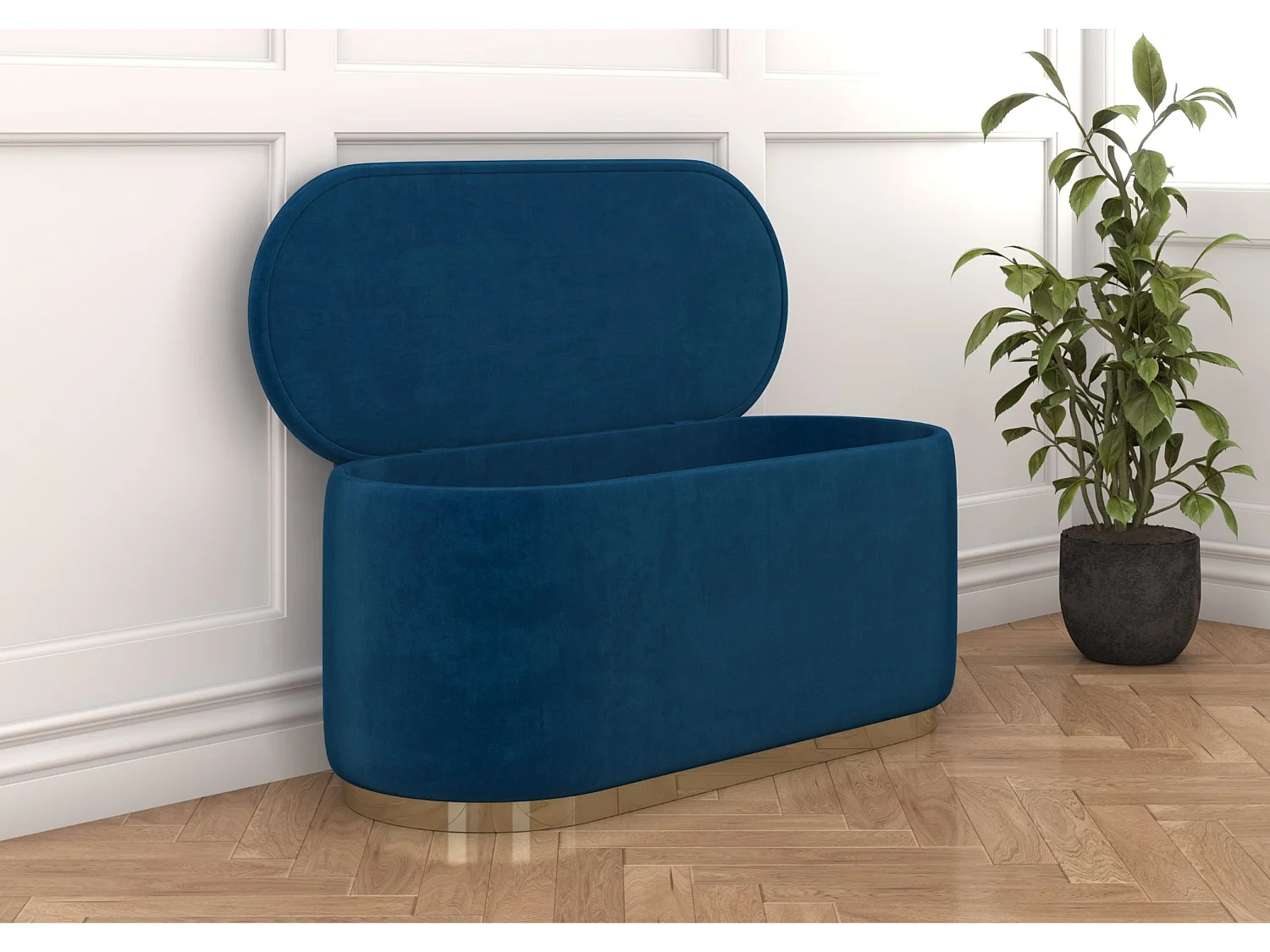 Pouf Scarlett mit stauraum, goldene basis, 110/47/45 cm, marineblau