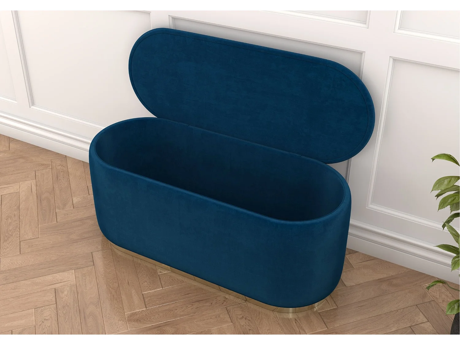 Pouf Scarlett mit stauraum, goldene basis, 110/47/45 cm, marineblau