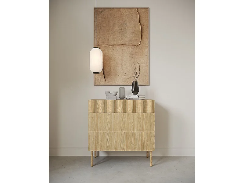 Commode - 90 cm - 3 tiroirs - aspect chêne - NOLIE