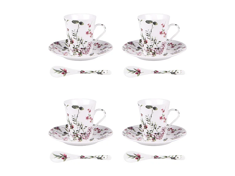 Coffret 4 pièces champêtre avec sous tasses et cuillère 16 cl