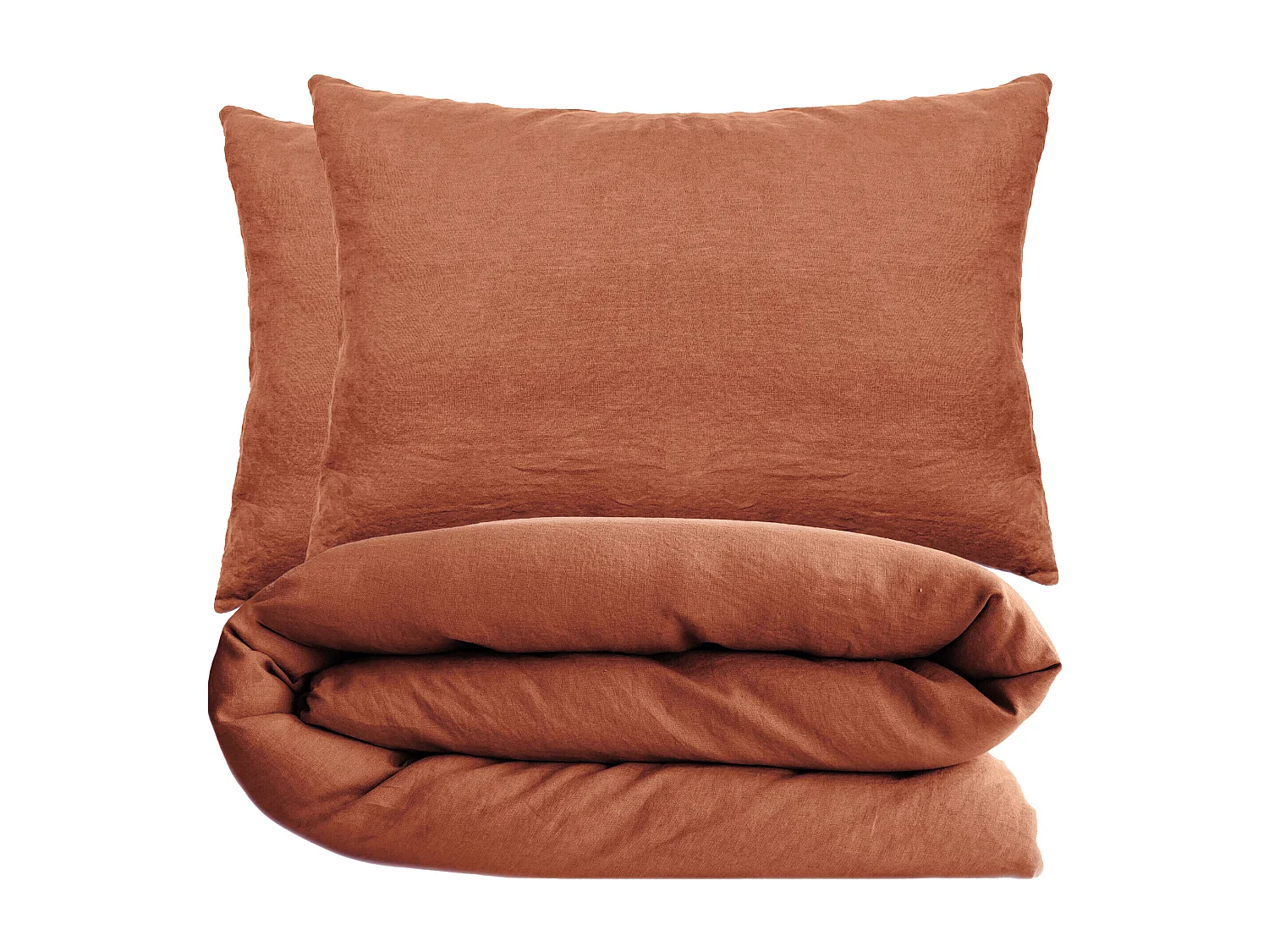 Parure de lit 240x220 cm et 50x70 cm coton lavé PALACE marron terre cuite 3 pièces