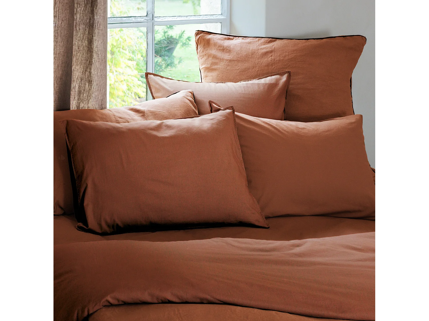 Taie d'oreiller PALACE pur coton lavé 50x70 cm uni marron terre cuite