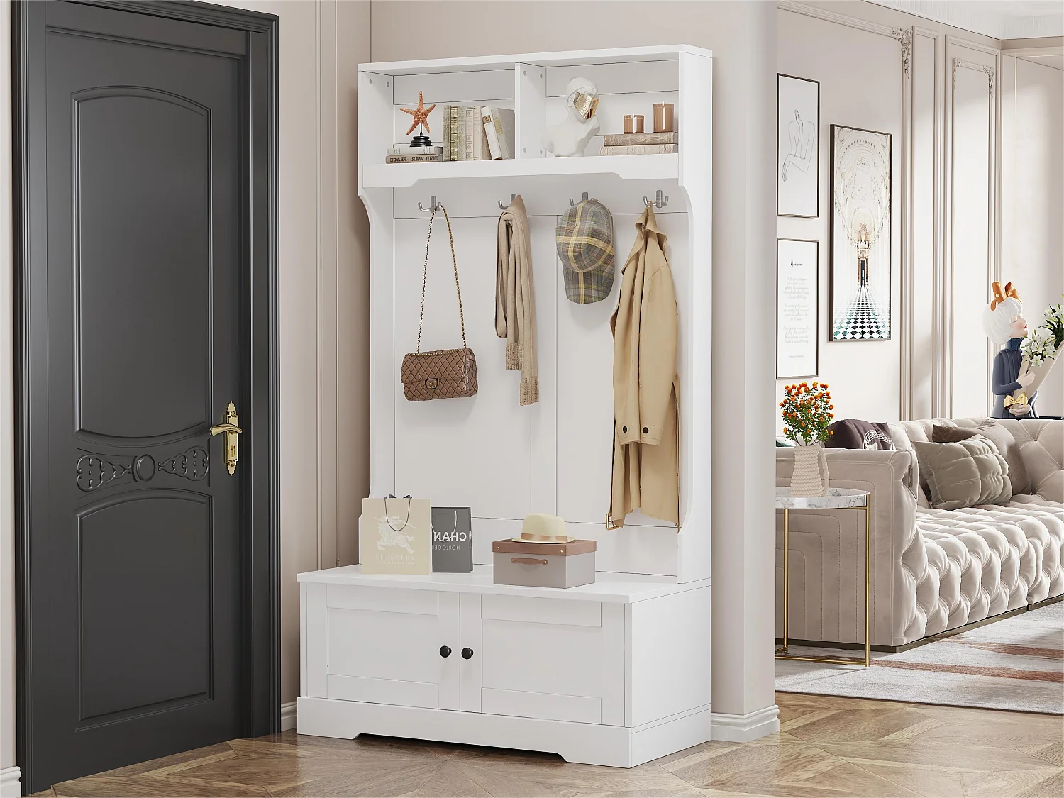 Garderobe – 4 Haken und 4 Fächer – Weiß