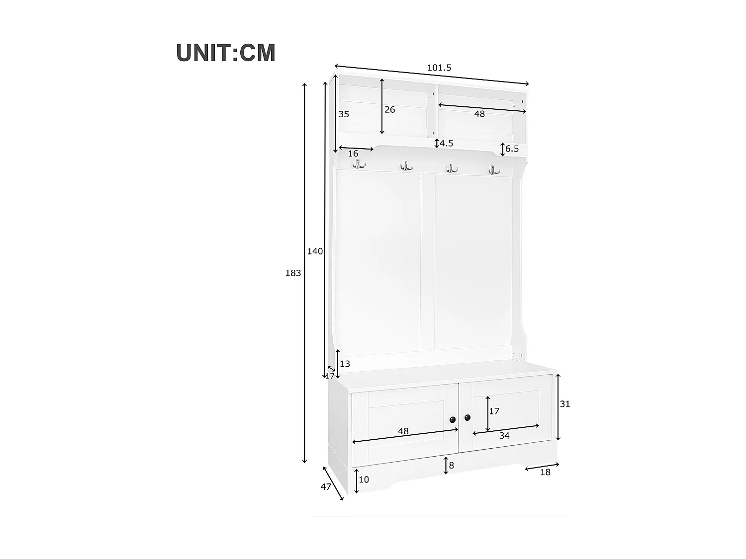 Garderobe – 4 Haken und 4 Fächer – Weiß