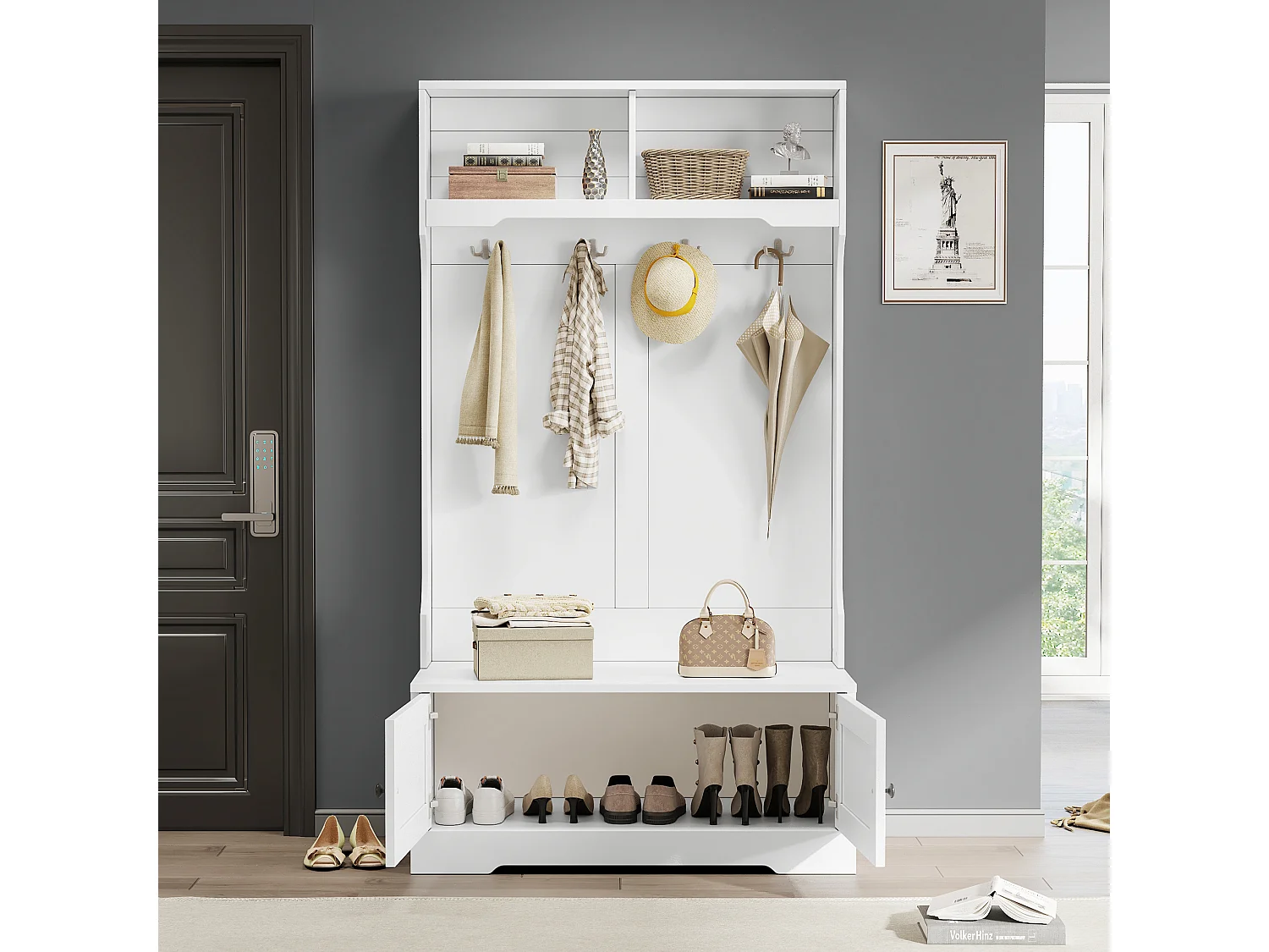 Garderobe – 4 Haken und 4 Fächer – Weiß