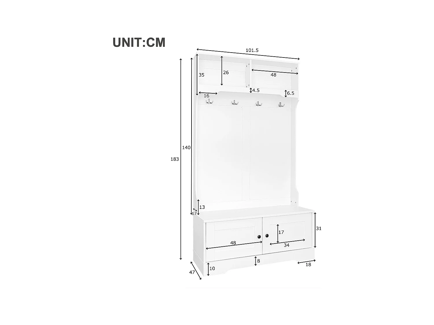 Vestiaire - 4 crochets & 4 compartiments - Blanc