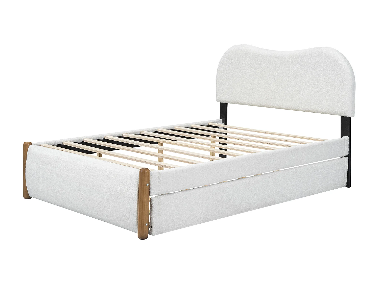 Lit rembourré en peluche 140x200cm - avec lit gigogne coulissant - avec sommier à lattes en MDF - Blanc