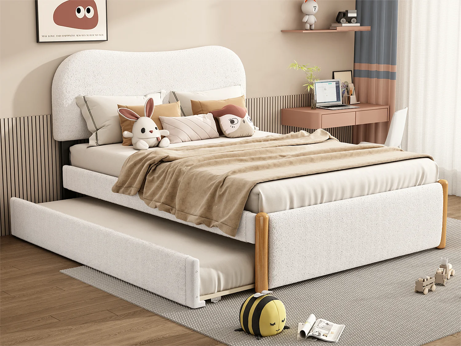 Pluche gestoffeerd bed 140x200cm - met uittrekbaar onderschuifbed - met MDF lattenbodem - Wit