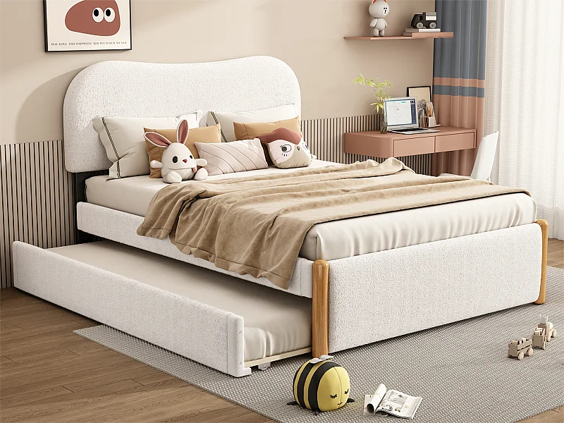 Letto imbottito in peluche 140x200 cm - con rotelle estraibile - con rete a doghe in MDF - Bianco