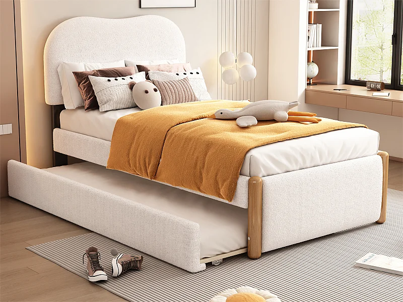 Lit rembourré en peluche 90x200cm - avec lit gigogne coulissant 90x190cm - avec sommier à lattes en MDF - Blanc