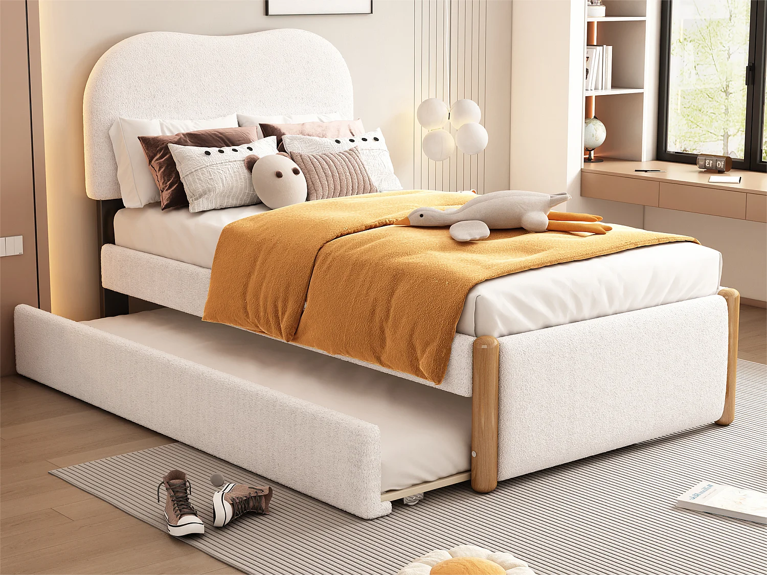 Plüsch-Polsterbett 90 x 200 cm – mit ausziehbarem Ausziehbett 90 x 190 cm – mit MDF-Lattenrost – Weiß