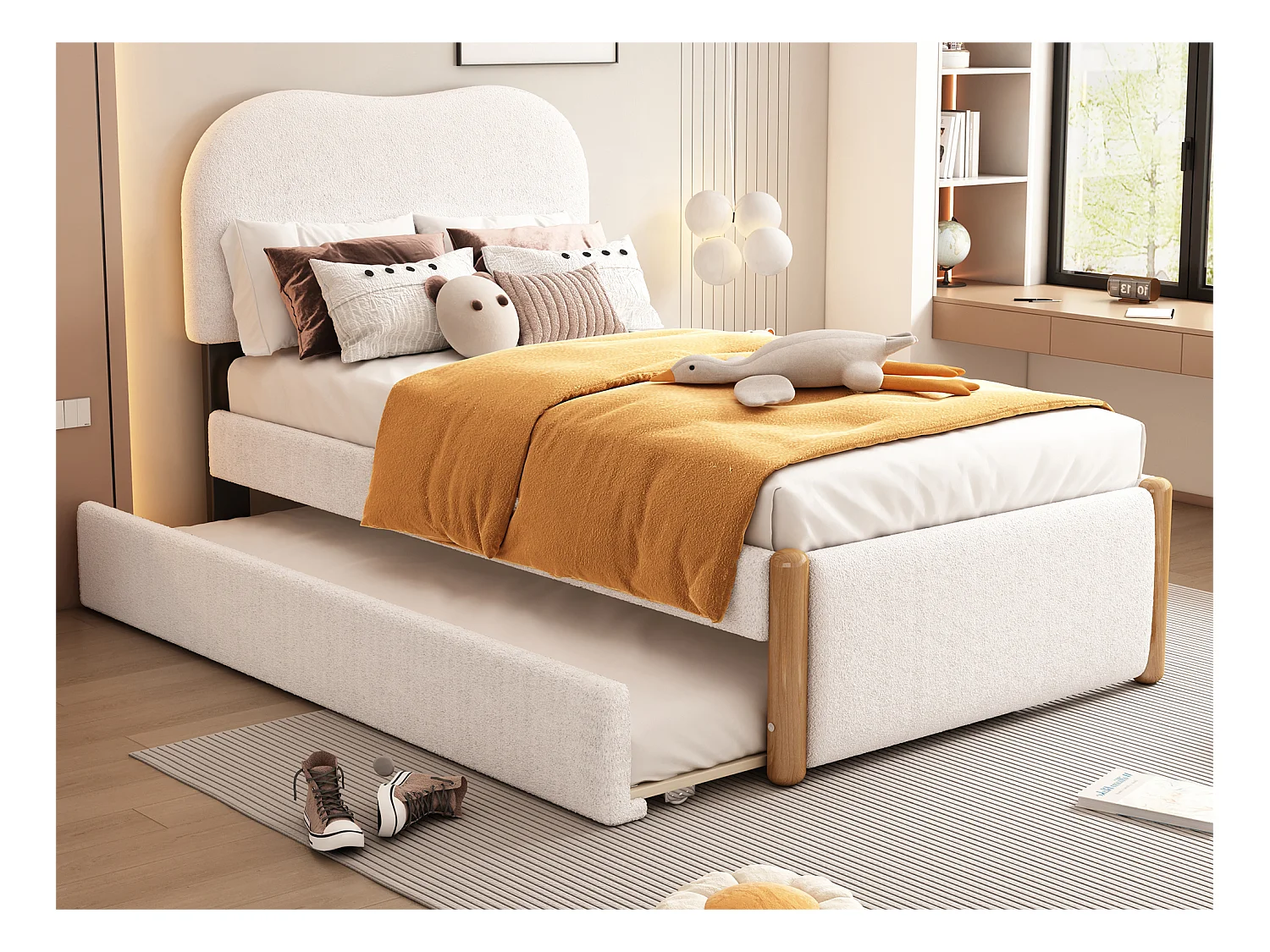 Lit rembourré en peluche 90x200cm - avec lit gigogne coulissant 90x190cm - avec sommier à lattes en MDF - Blanc