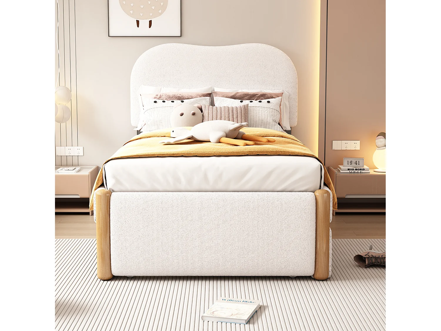 Cama tapizada de felpa 90x200 cm - con cama nido extraíble 90x190 cm - con somier de láminas de MDF - Blanco