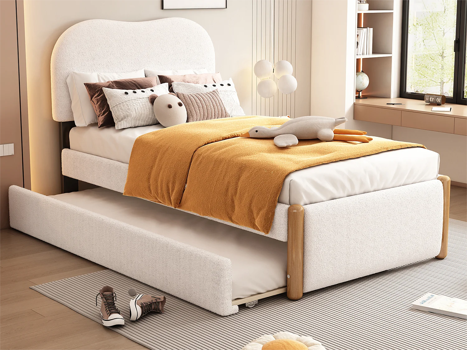 Lit rembourré en peluche 90x200cm - avec lit gigogne coulissant 90x190cm - avec sommier à lattes en MDF - Blanc