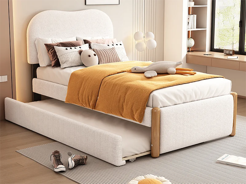 Łóżko tapicerowane z pluszu 90x200cm - z wysuwanym łóżkiem 90x190cm - z stelażem z listew MDF - Białe