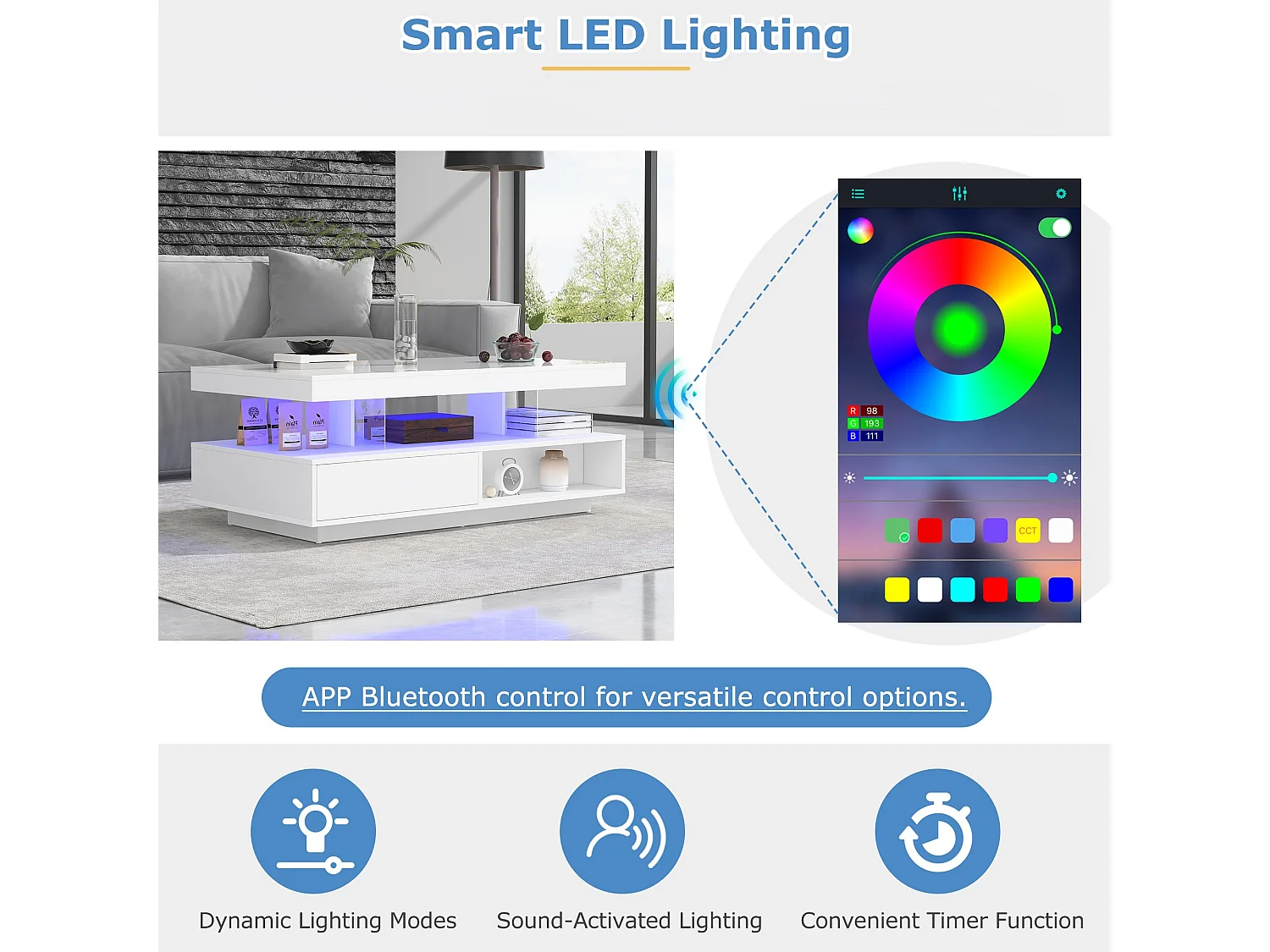Table basse avec LED - 1 tiroir et des compartiments ouverts - style moderne - Blanc