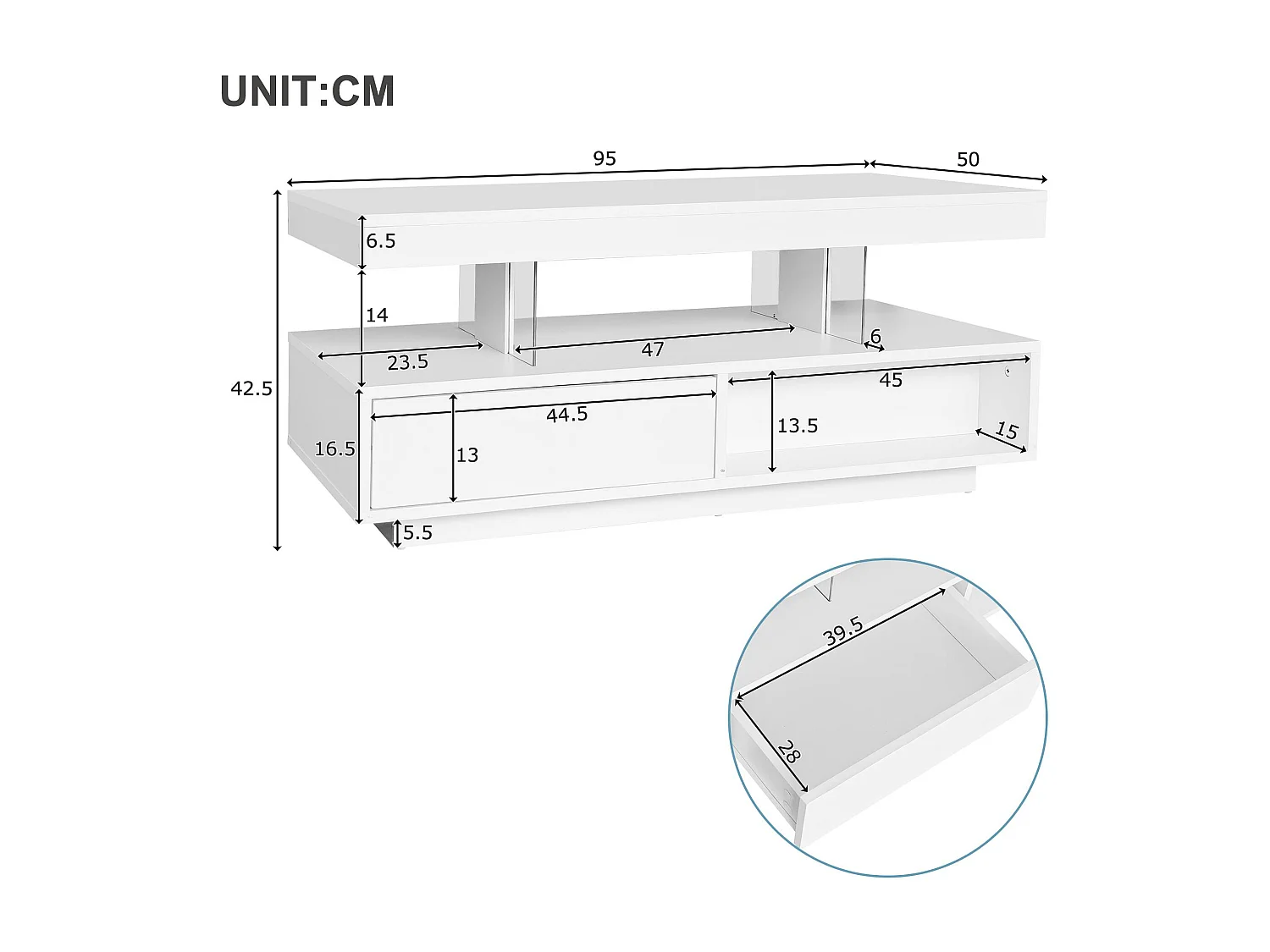 Table basse avec LED - 1 tiroir et des compartiments ouverts - style moderne - Blanc