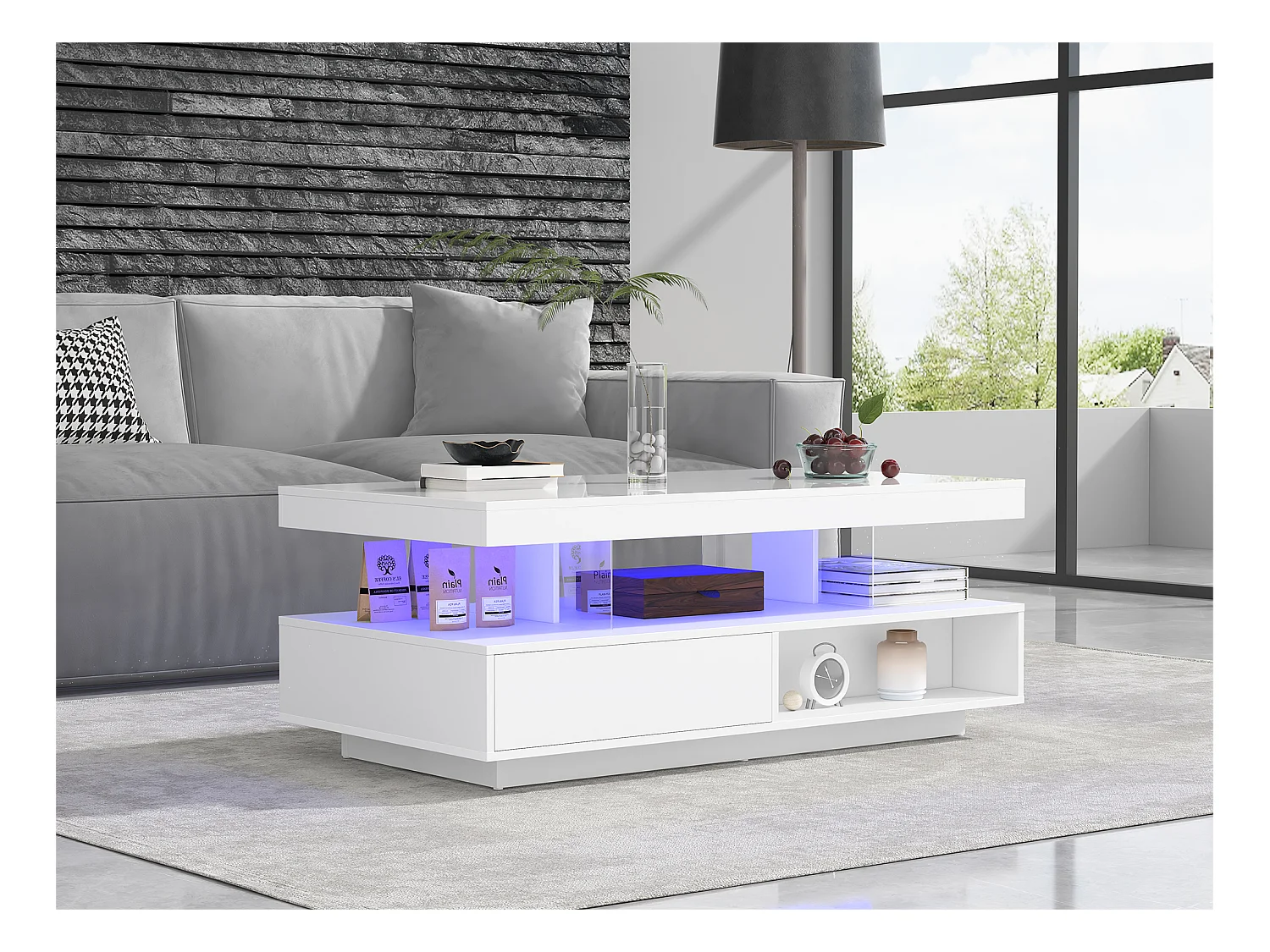 Table basse avec LED - 1 tiroir et des compartiments ouverts - style moderne - Blanc