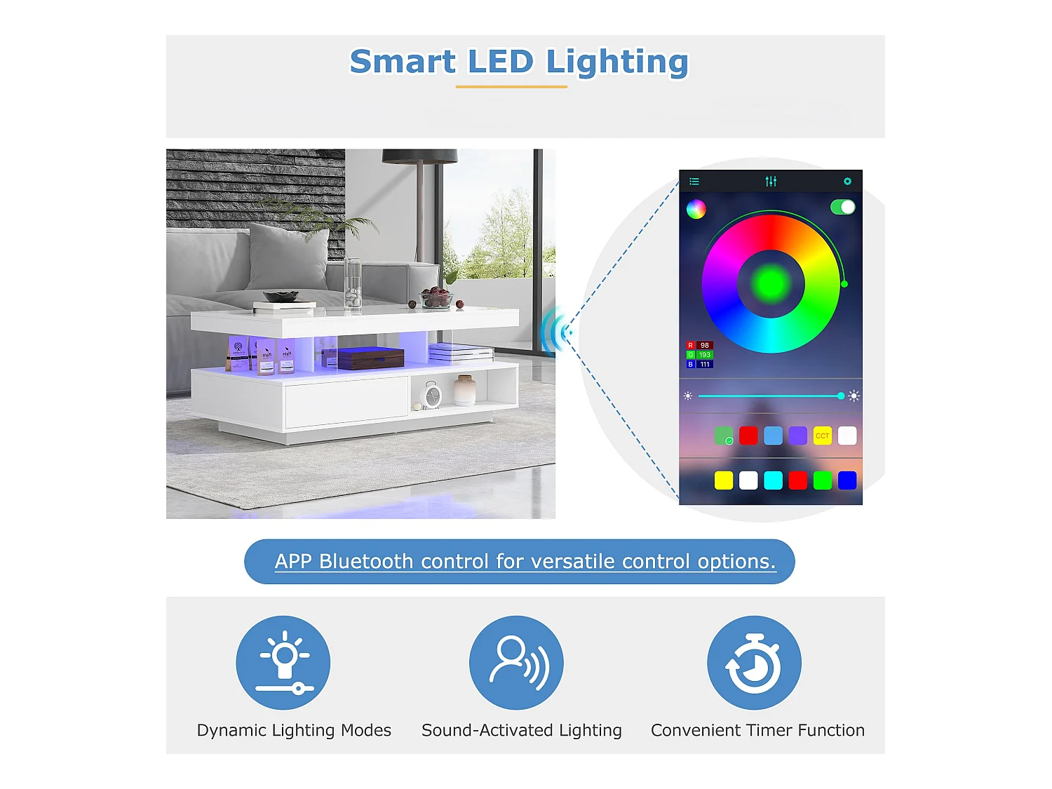 Tavolino con LED - cassetto e vani a giorno - Bianco