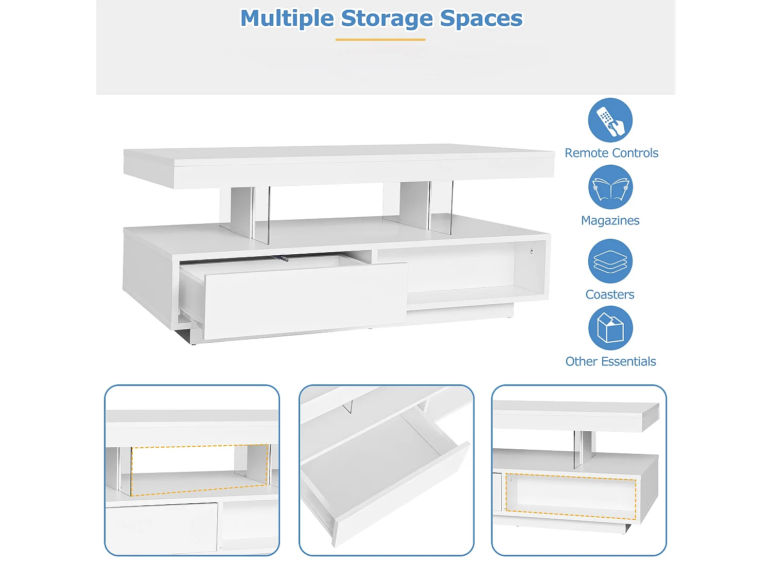 Table basse avec LED - 1 tiroir et des compartiments ouverts - style moderne - Blanc