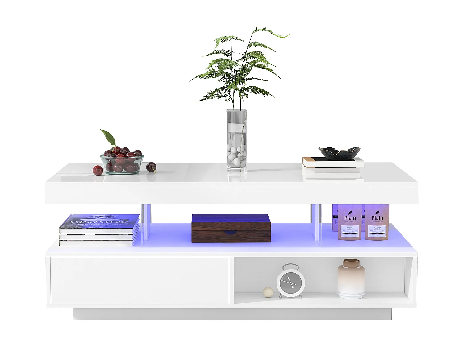 Table basse avec LED - 1 tiroir et des compartiments ouverts - style moderne - Blanc