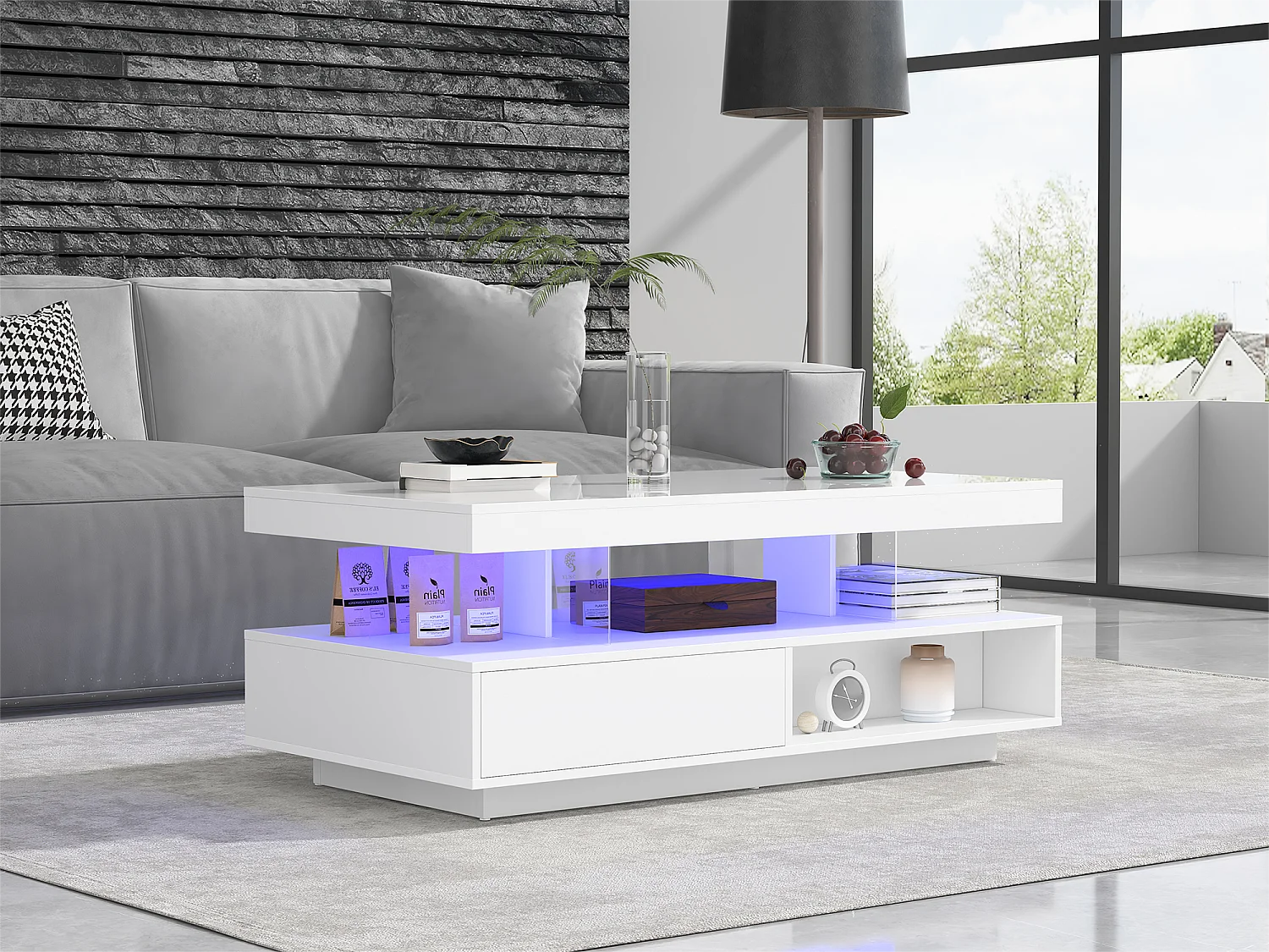 Table basse avec LED - 1 tiroir et des compartiments ouverts - style moderne - Blanc