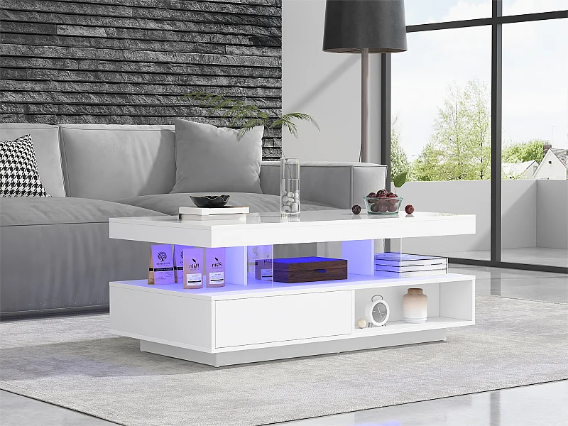 Couchtisch mit LED – Schublade und offene Fächer – Weiß