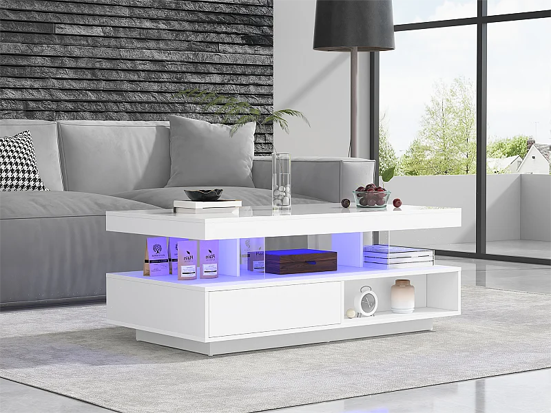 Salontafel met LED - lade & open vakken - Wit
