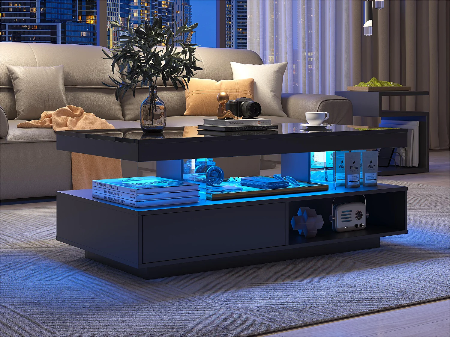 Table basse avec LED - 1 tiroir et des compartiments ouverts - style moderne - Noir