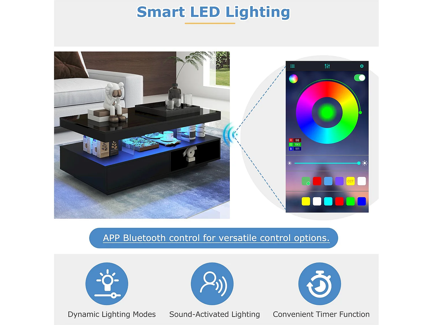 Table basse avec LED - 1 tiroir et des compartiments ouverts - style moderne - Noir