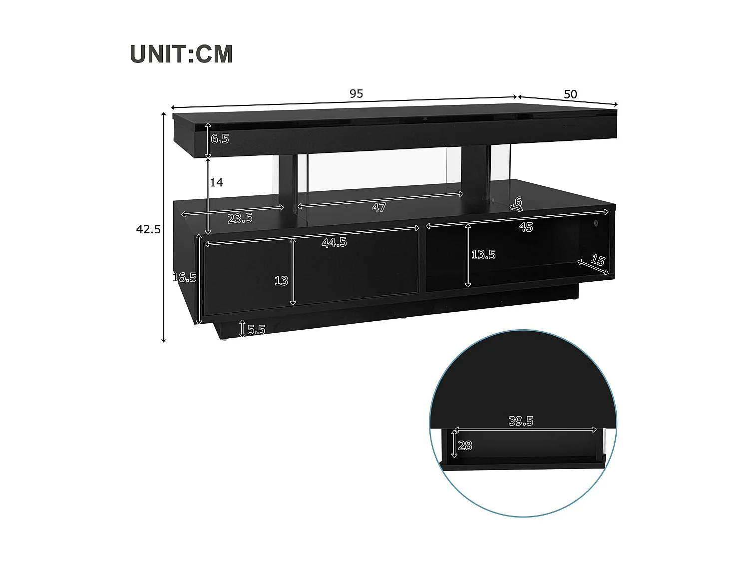 Table basse avec LED - 1 tiroir et des compartiments ouverts - style moderne - Noir