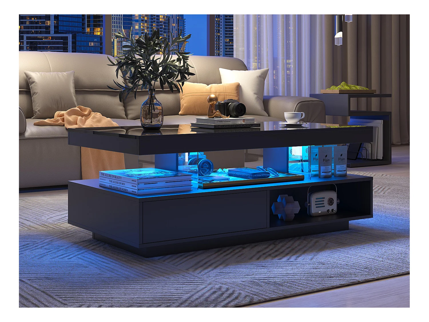 Table basse avec LED - 1 tiroir et des compartiments ouverts - style moderne - Noir