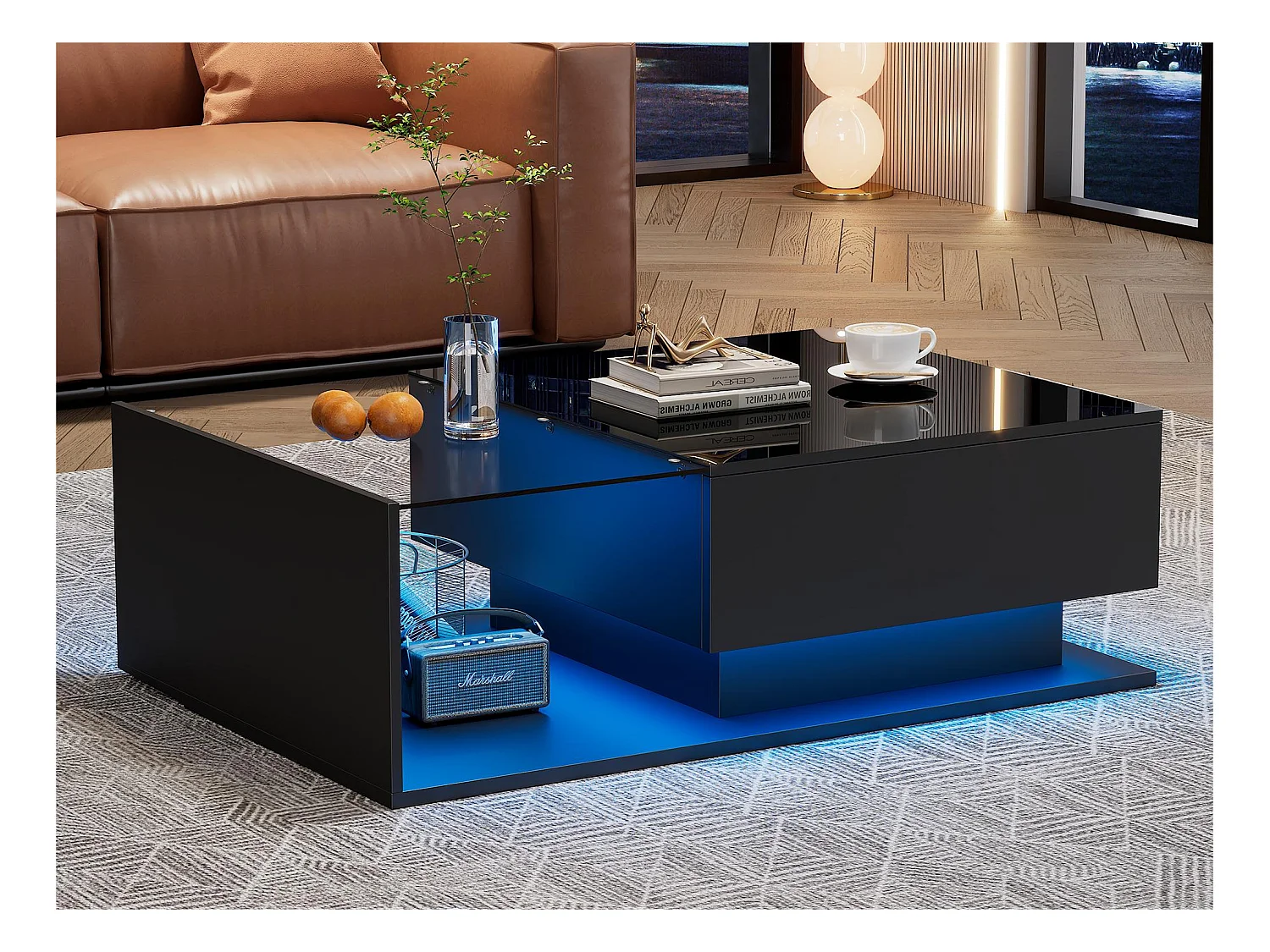 Table basse avec éclairage LED - avec plateau en verre et tiroirs - Noir
