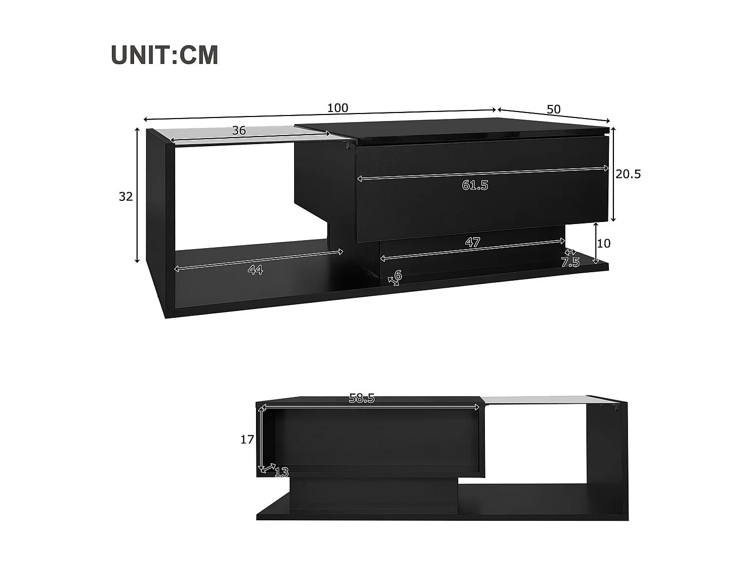 Salontafel met LED-verlichting - met glazen blad en lades - Zwart